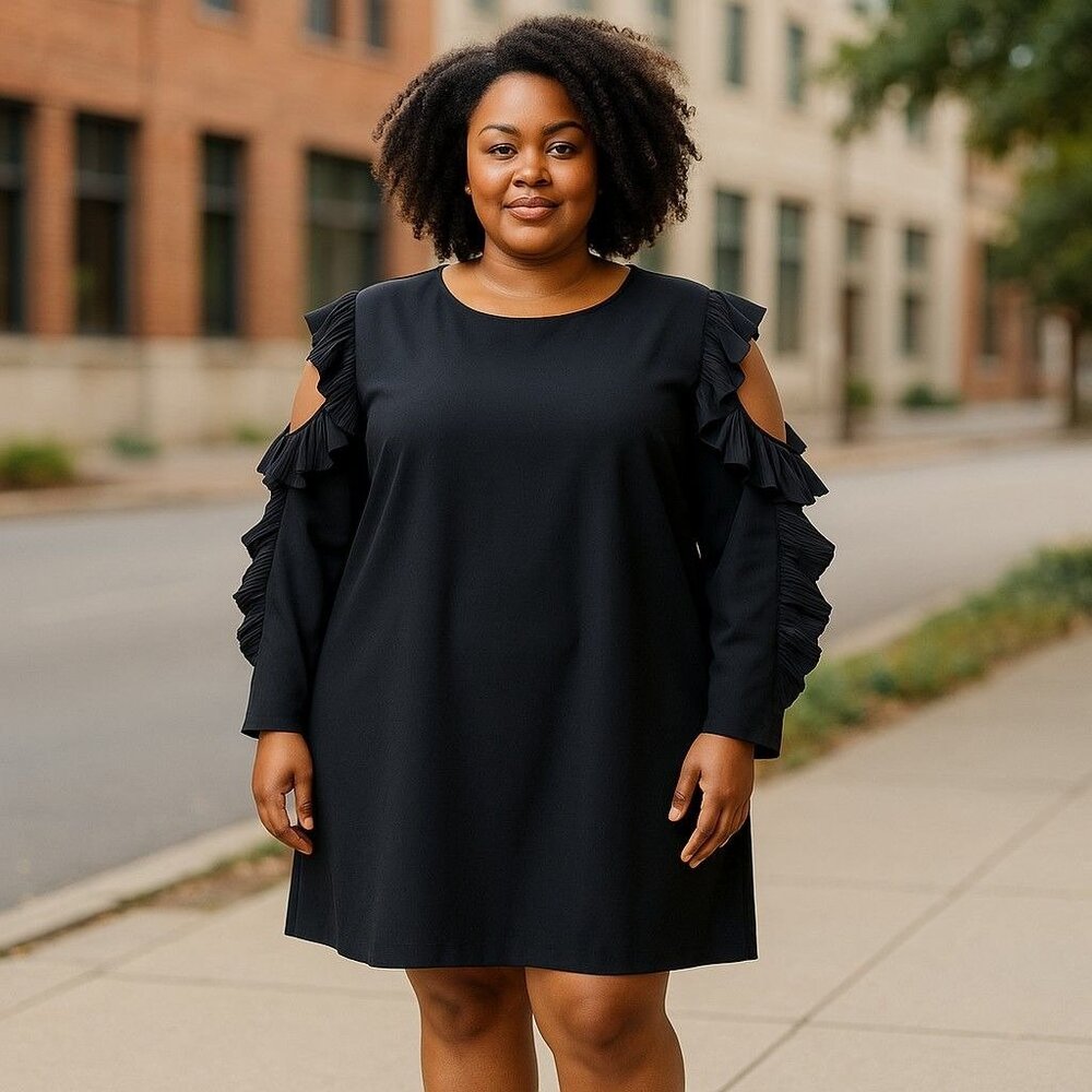 Eloquii Black Ruffled Cold-Shoulder Long Sleeve Dress Size 24